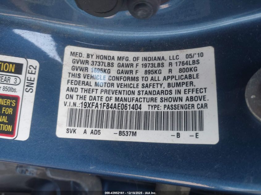 2010 Honda Civic Ex VIN: 19XFA1F84AE061404 Lot: 43952161