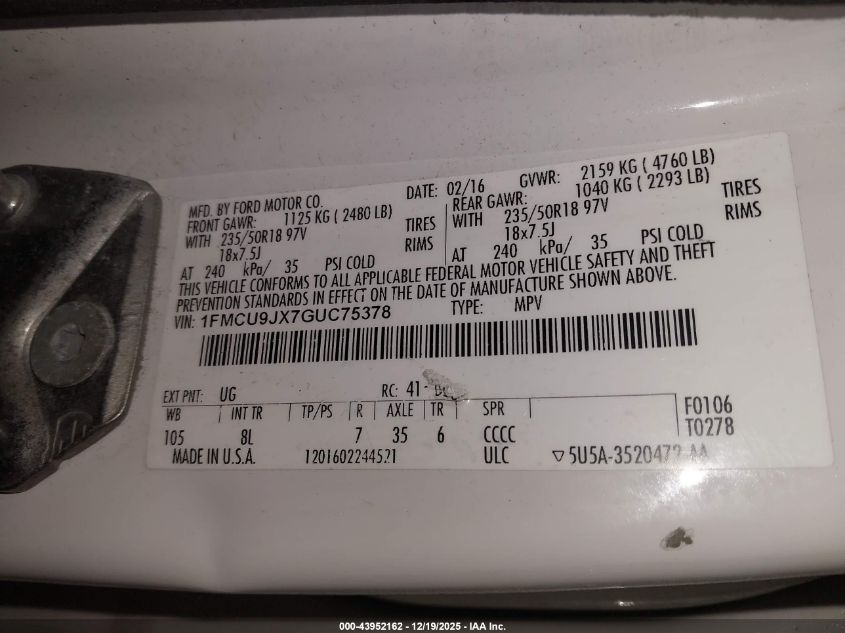 2016 Ford Escape Titanium VIN: 1FMCU9JX7GUC75378 Lot: 43952162