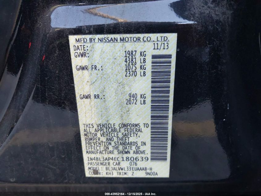 2014 Nissan Altima 3.5 Sl VIN: 1N4BL3AP4EC180639 Lot: 43952164