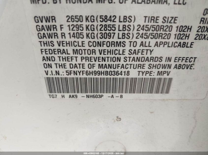 2017 Honda Pilot Touring VIN: 5FNYF6H99HB036418 Lot: 43952165