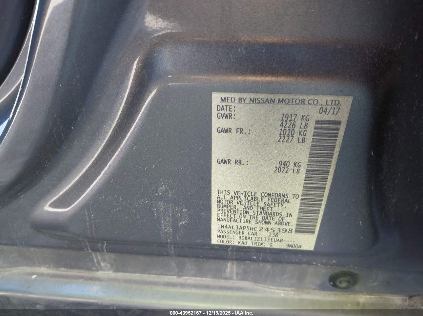 2017 Nissan Altima 2.5 Sv VIN: 1N4AL3AP5HC245398 Lot: 43952167