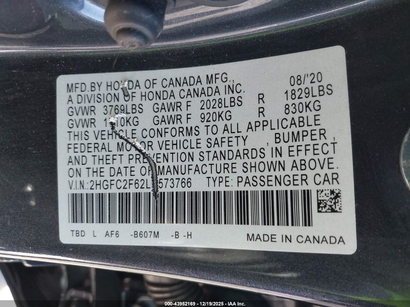 2020 Honda Civic Lx VIN: 2HGFC2F62LH573766 Lot: 43952169