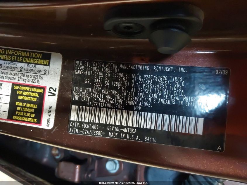 2009 Toyota Venza Base V6 VIN: 4T3ZK11A49U007055 Lot: 43952170