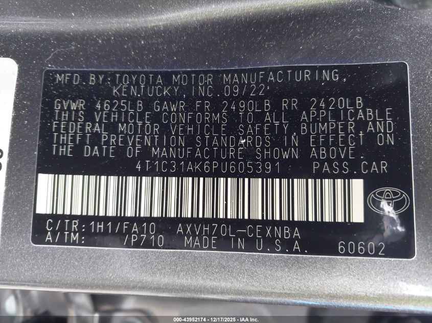 2023 Toyota Camry Le Hybrid VIN: 4T1C31AK6PU605391 Lot: 43952174