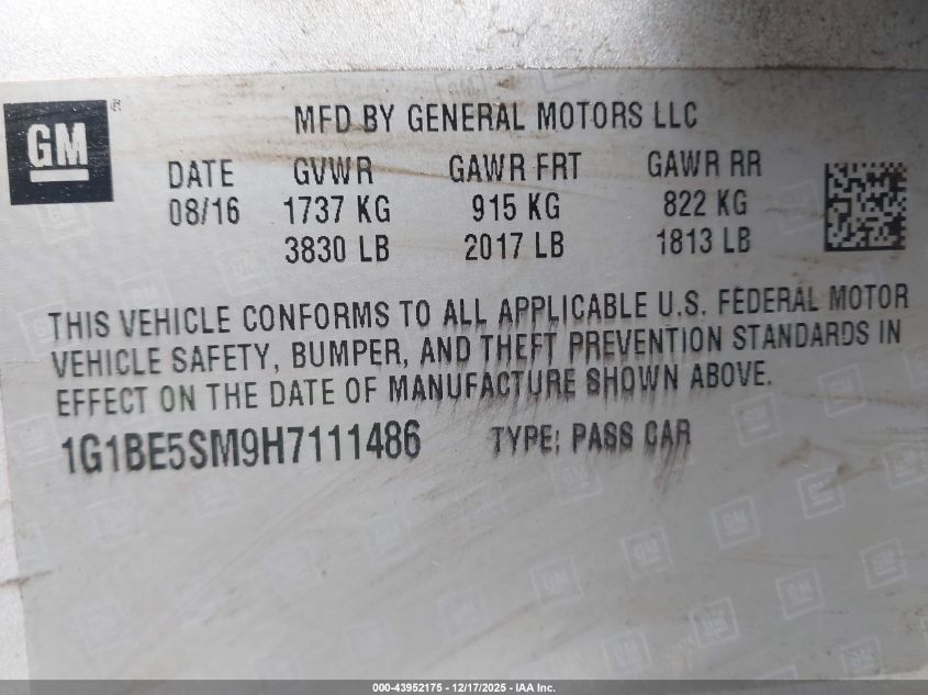 2017 Chevrolet Cruze Lt Auto VIN: 1G1BE5SM9H7111486 Lot: 43952175