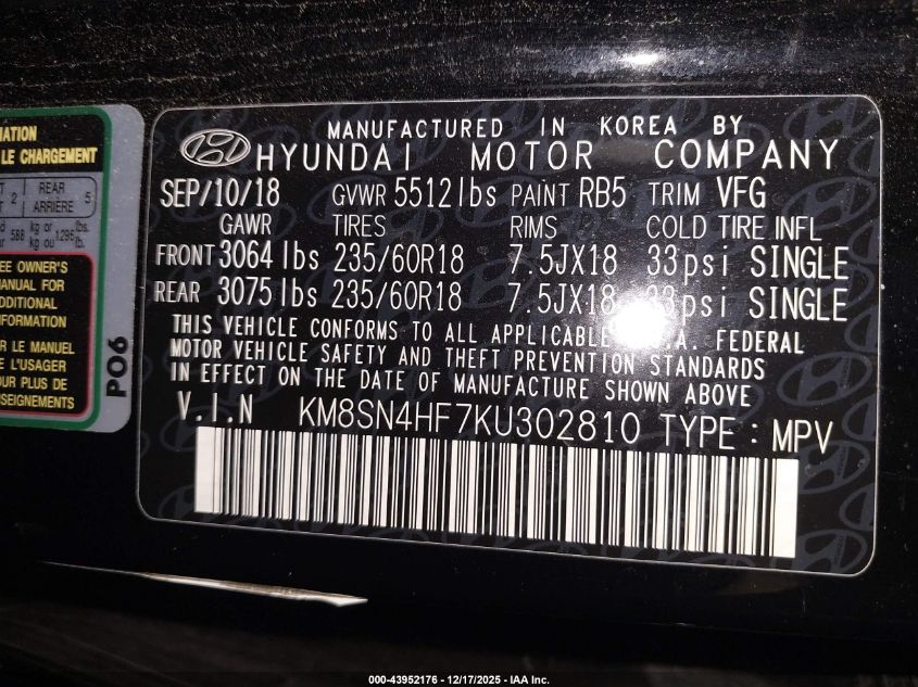 2019 Hyundai Santa Fe Xl Se VIN: KM8SN4HF7KU302810 Lot: 43952176