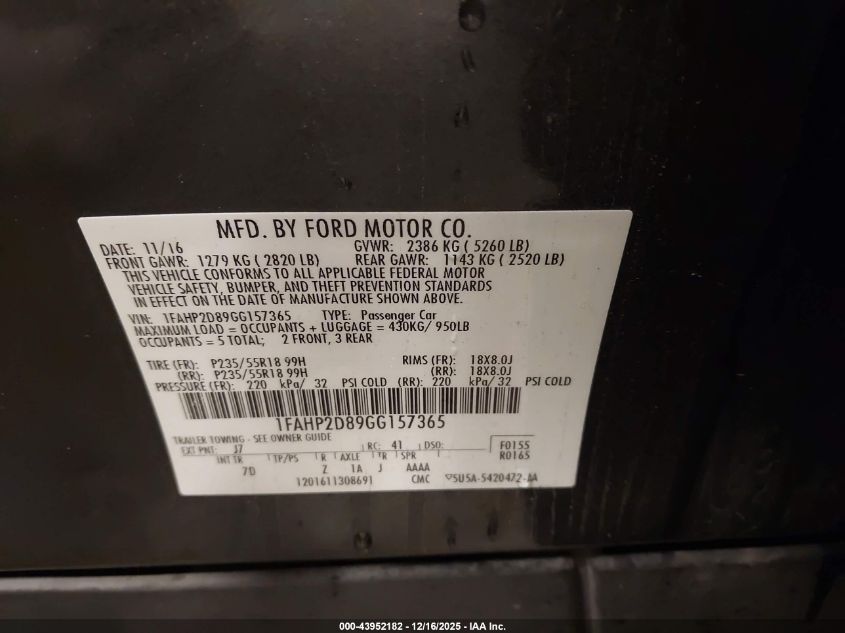 2016 Ford Taurus Se VIN: 1FAHP2D89GG157365 Lot: 43952182