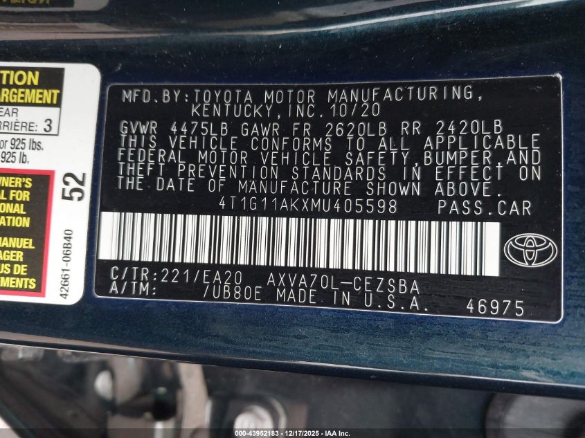 2021 Toyota Camry Se VIN: 4T1G11AKXMU405598 Lot: 43952183