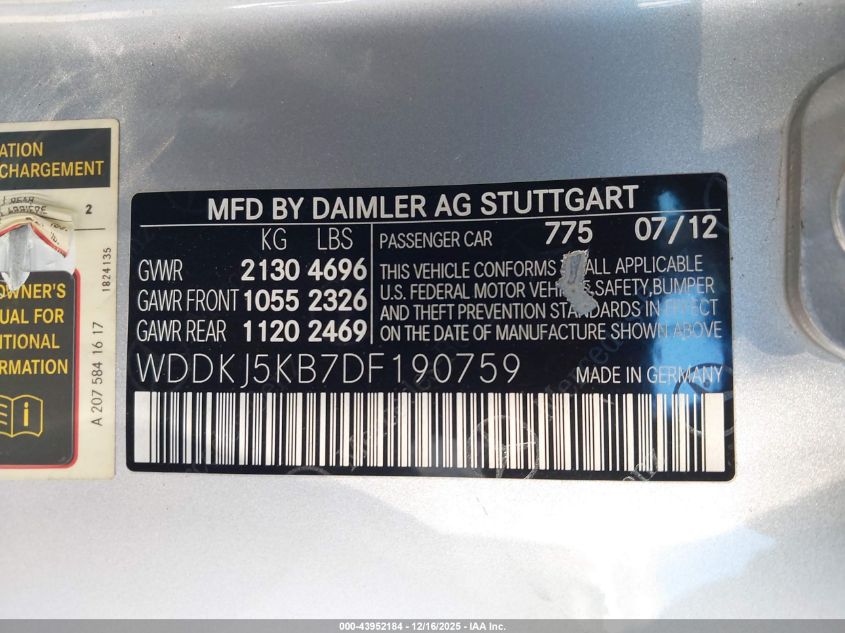 2013 Mercedes-Benz E 350 VIN: WDDKJ5KB7DF190759 Lot: 43952184