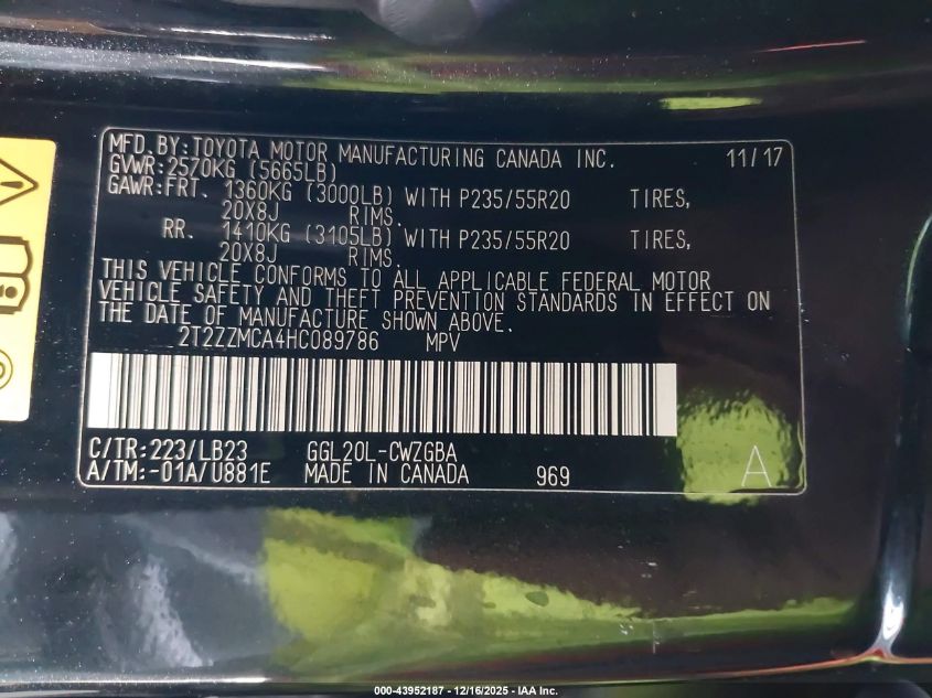 2017 Lexus Rx 350 VIN: 2T2ZZMCA4HC089786 Lot: 43952187