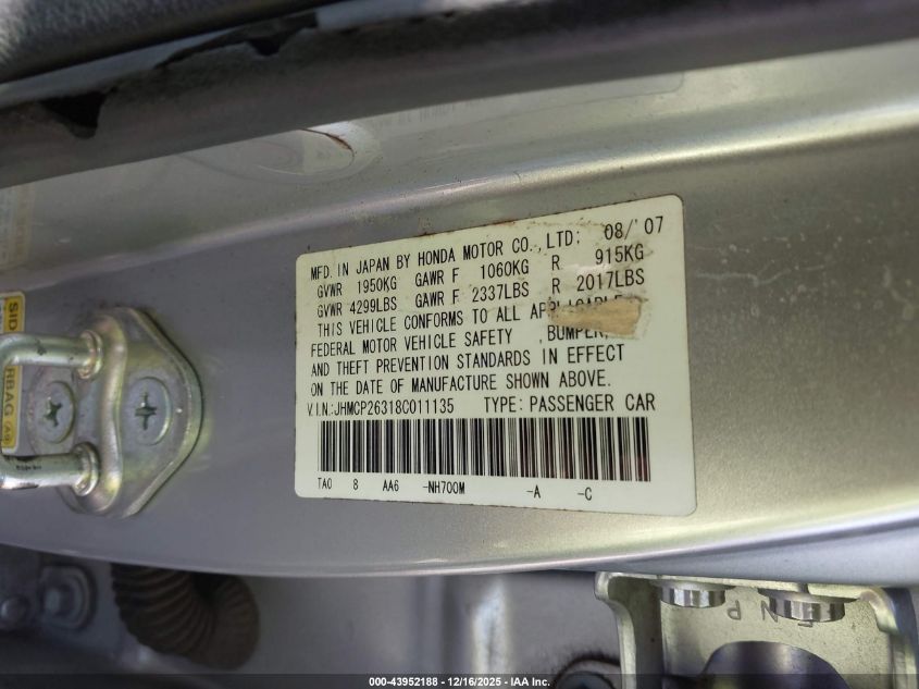 2008 Honda Accord 2.4 Lx VIN: JHMCP26318C011135 Lot: 43952188