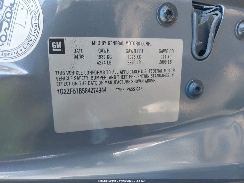 2008 Pontiac G6 Value Leader VIN: 1G2ZF57B584274944 Lot: 43952191