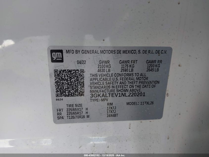 2022 GMC Terrain Awd Sle VIN: 3GKALTEV1NL220201 Lot: 43952192