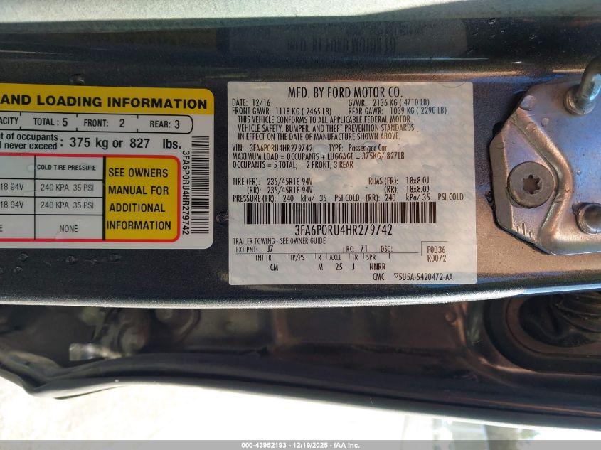 2017 Ford Fusion Hybrid Titanium VIN: 3FA6P0RU4HR279742 Lot: 43952193