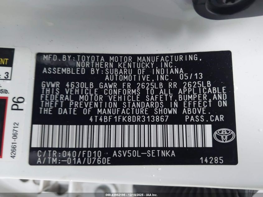 2013 Toyota Camry Le VIN: 4T4BF1FK8DR313867 Lot: 43952195