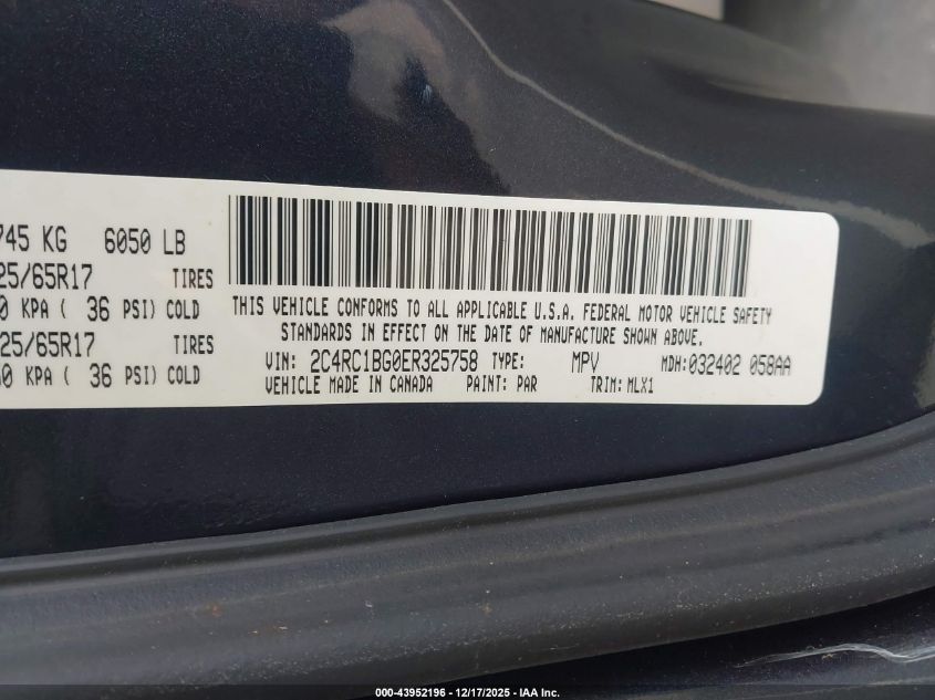 2014 Chrysler Town & Country Touring VIN: 2C4RC1BG0ER325758 Lot: 43952196