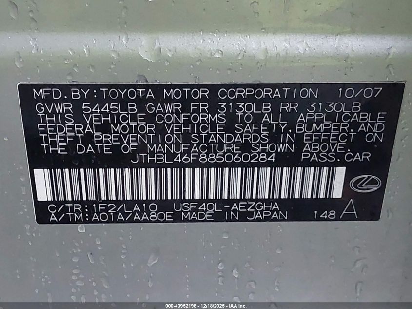 2008 Lexus Ls 460 VIN: JTHBL46F885060284 Lot: 43952198