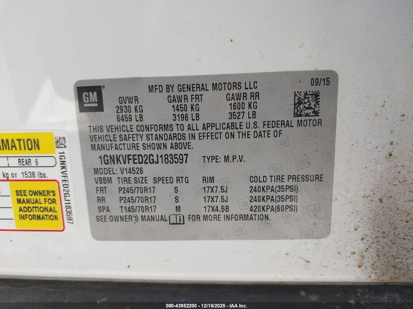 2016 Chevrolet Traverse Ls VIN: 1GNKVFED2GJ183597 Lot: 43952200
