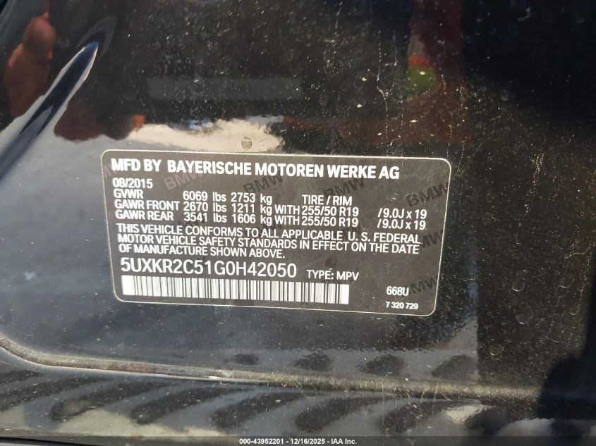 2016 BMW X5 Sdrive35I VIN: 5UXKR2C51G0H42050 Lot: 43952201