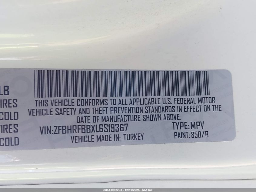 2020 Ram Promaster City Tradesman Slt VIN: ZFBHRFBBXL6S19367 Lot: 43952203