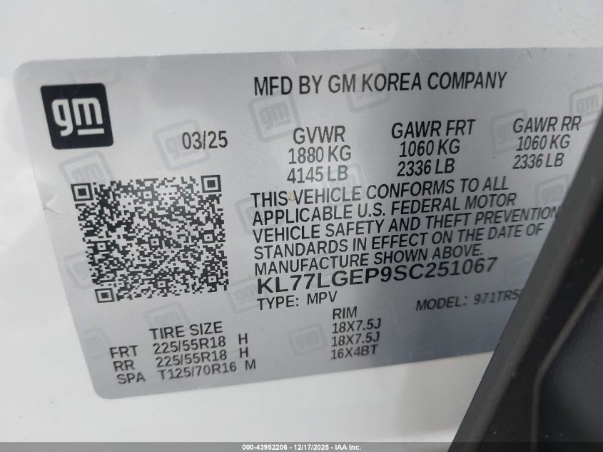 2025 Chevrolet Trax Fwd 1Rs VIN: KL77LGEP9SC251067 Lot: 43952206