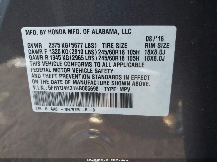 2017 Acura Mdx VIN: 5FRYD4H31HB005698 Lot: 43952208