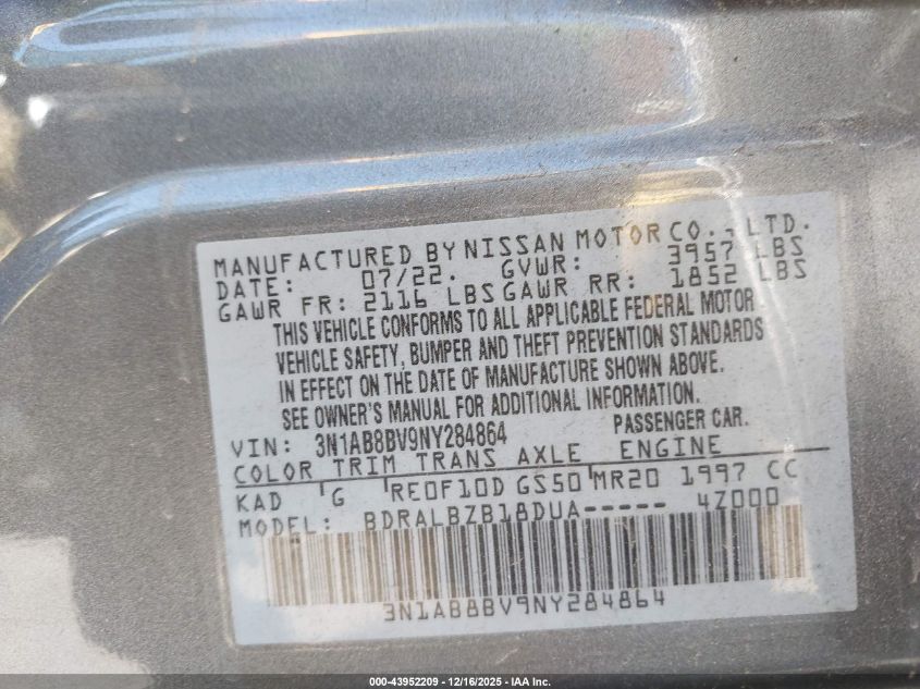 2022 Nissan Sentra S Xtronic Cvt VIN: 3N1AB8BV9NY284864 Lot: 43952209