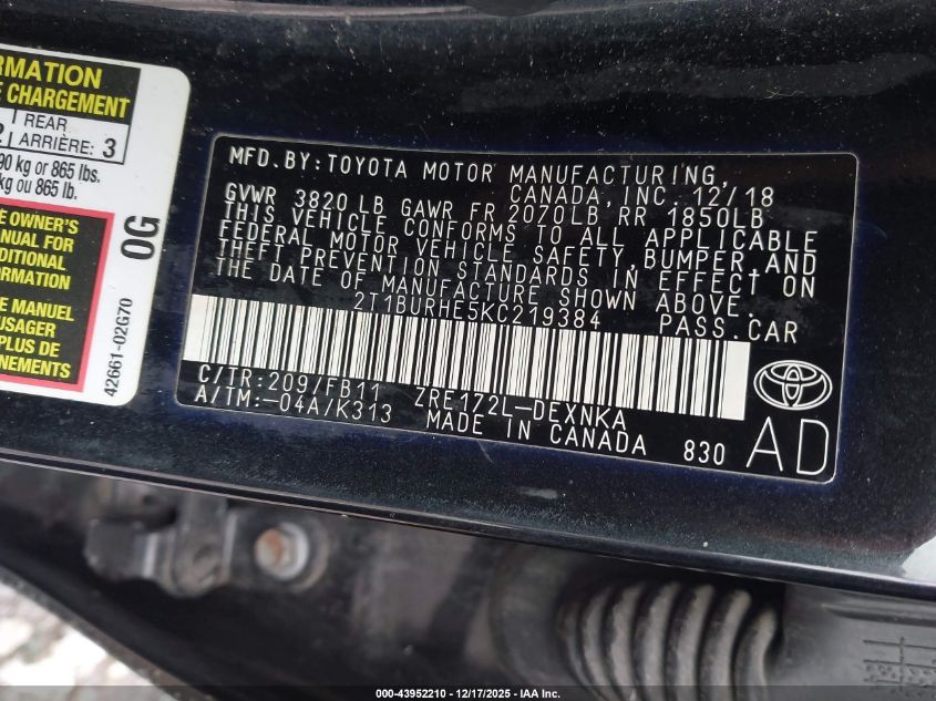 2019 Toyota Corolla Le VIN: 2T1BURHE5KC219384 Lot: 43952210