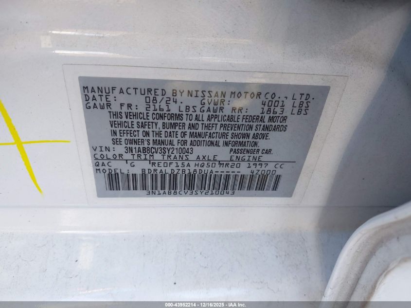 2025 Nissan Sentra Sv VIN: 3N1AB8CV3SY210043 Lot: 43952214