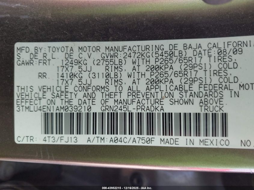 2010 Toyota Tacoma Base V6 VIN: 3TMLU4EN1AM039210 Lot: 43952215