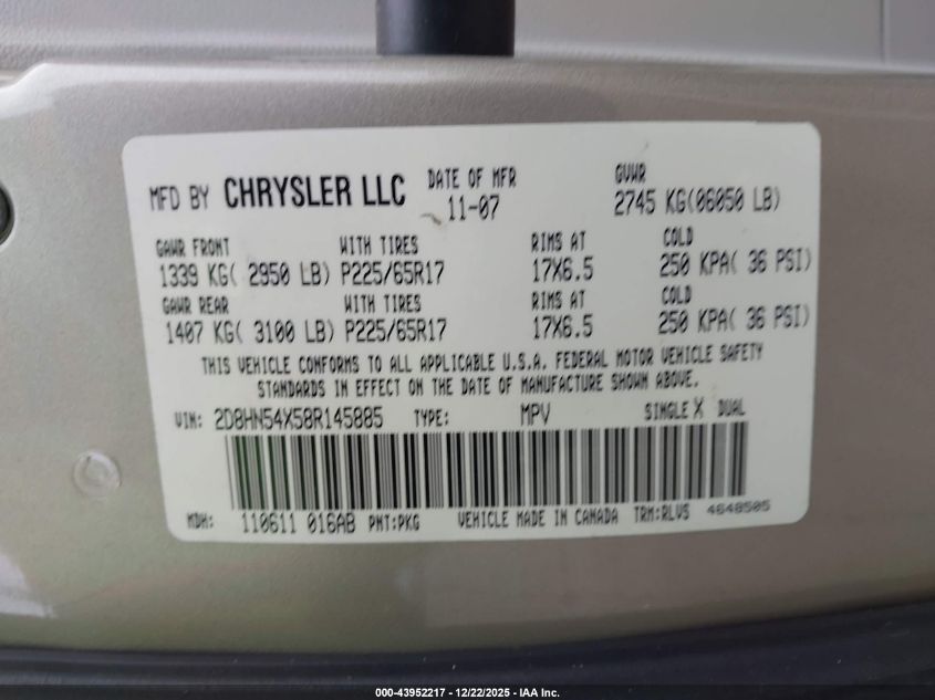 2008 Dodge Grand Caravan Sxt VIN: 2D8HN54X58R145885 Lot: 43952217