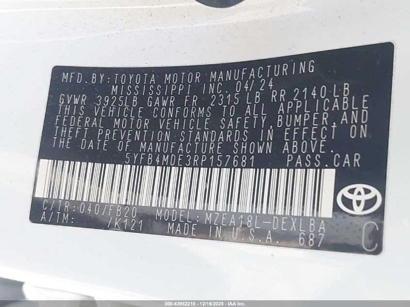 2024 Toyota Corolla Le VIN: 5YFB4MDE3RP157681 Lot: 43952218