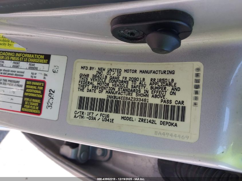 2010 Toyota Corolla S/Le/Xle VIN: 1NXBU4EE8AZ333481 Lot: 43952219