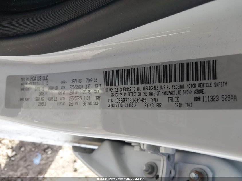 2020 Ram 1500 Big Horn 4X4 5'7 Box VIN: 1C6SRFFT6LN207459 Lot: 43952221