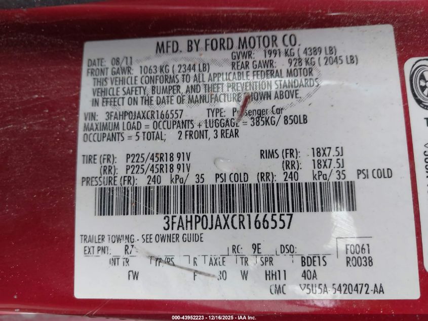 2012 Ford Fusion Sel VIN: 3FAHP0JAXCR166557 Lot: 43952223