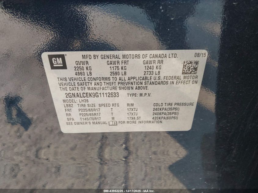 2016 Chevrolet Equinox Lt VIN: 2GNALCEK9G1112633 Lot: 43952225