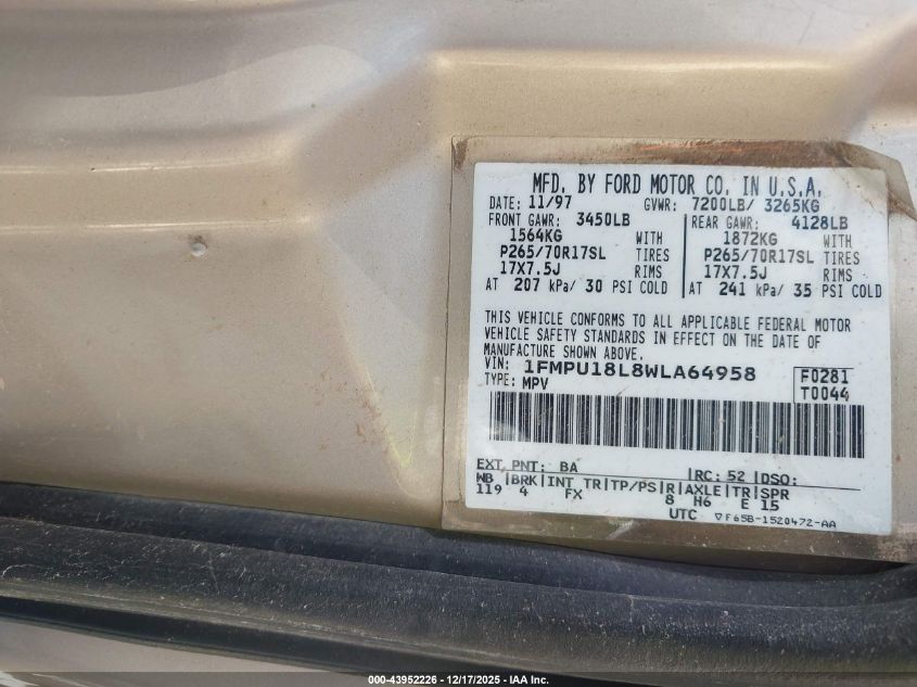 1998 Ford Expedition Eddie Bauer/Xlt VIN: 1FMPU18L8WLA64958 Lot: 43952226