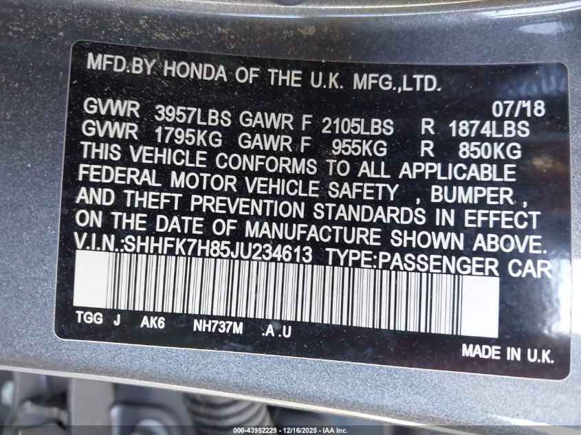 2018 Honda Civic Ex-L VIN: SHHFK7H85JU234613 Lot: 43952229