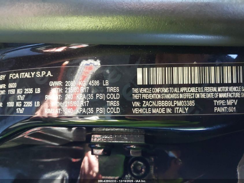 2020 Jeep Renegade Latitude 4X4 VIN: ZACNJBBB9LPM03385 Lot: 43952233