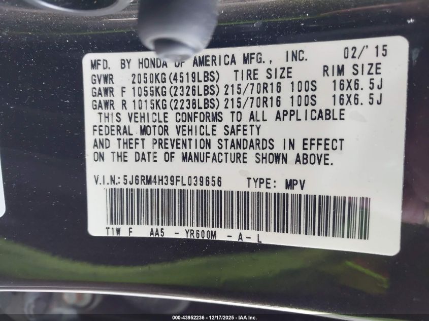 2015 Honda Cr-V Lx VIN: 5J6RM4H39FL039656 Lot: 43952236