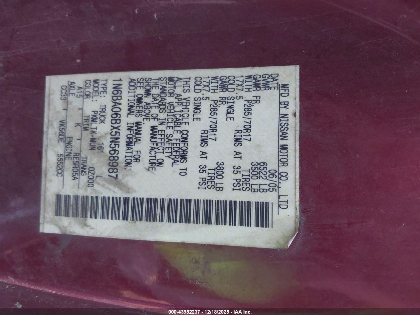 2005 Nissan Titan Se VIN: 1N6BA06BX5N568987 Lot: 43952237