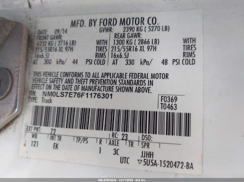 2015 Ford Transit Connect Xl VIN: NM0LS7E76F1176301 Lot: 43952240