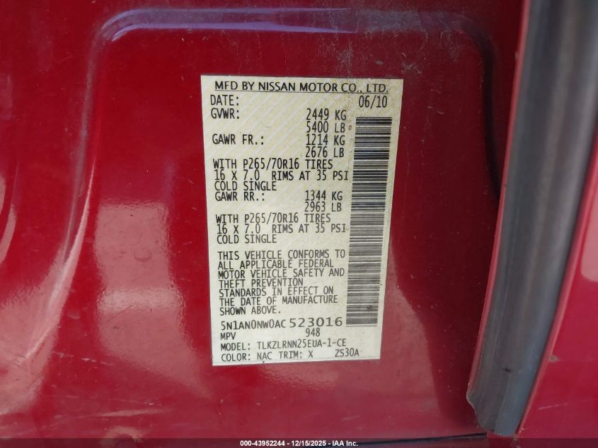 2010 Nissan Xterra S VIN: 5N1AN0NW0AC523016 Lot: 43952244