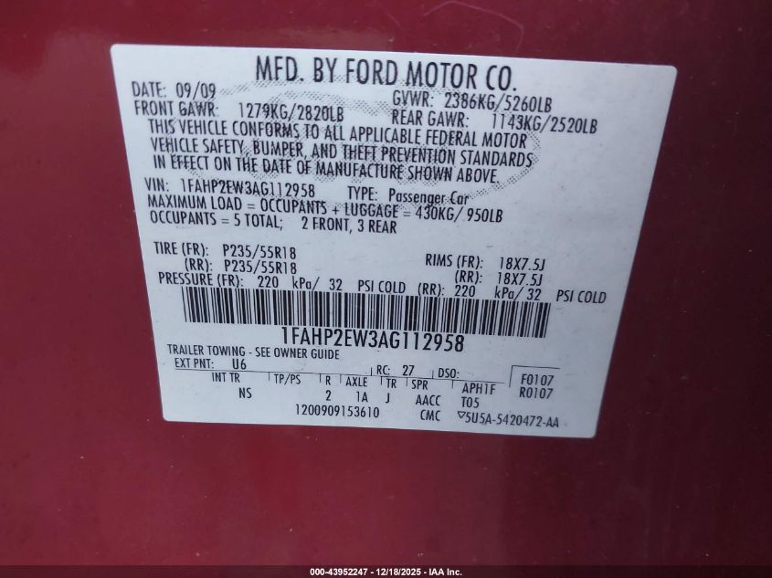 2010 Ford Taurus Sel VIN: 1FAHP2EW3AG112958 Lot: 43952247