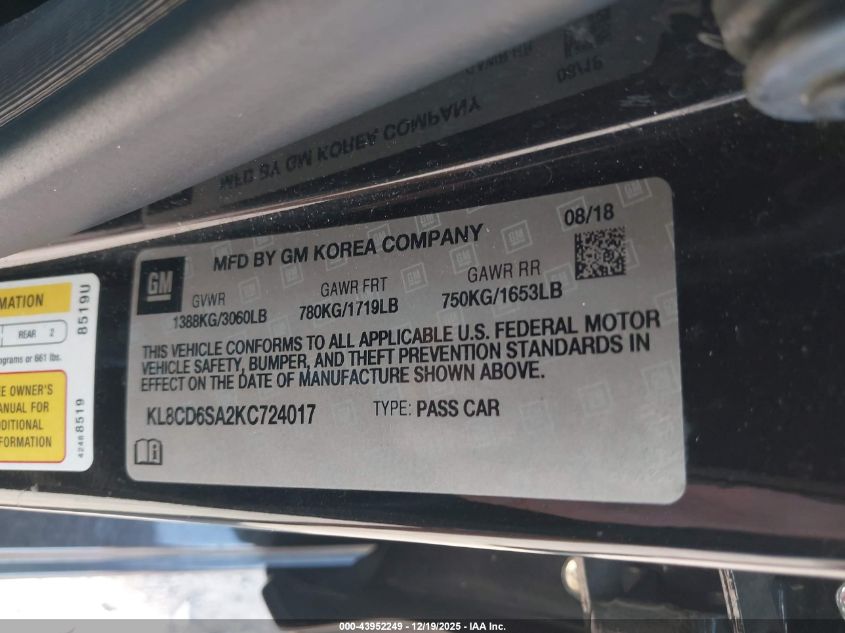 2019 Chevrolet Spark 1Lt Cvt VIN: KL8CD6SA2KC724017 Lot: 43952249