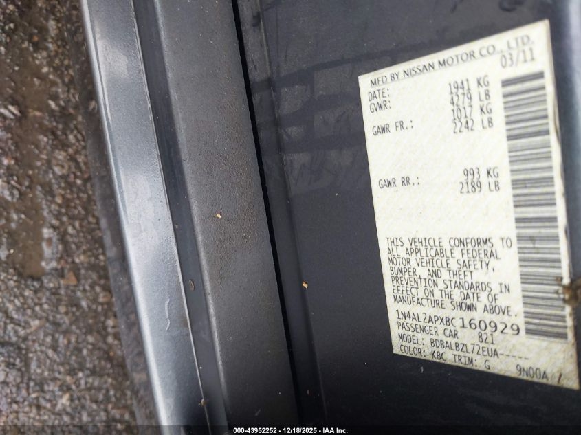 2011 Nissan Altima 2.5 S VIN: 1N4AL2APXBC160929 Lot: 43952252