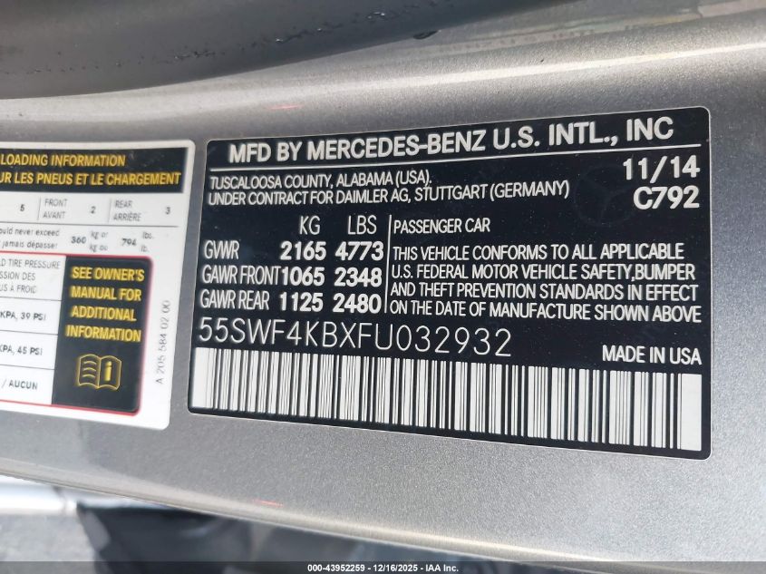 2015 Mercedes-Benz C 300 4Matic VIN: 55SWF4KBXFU032932 Lot: 43952259