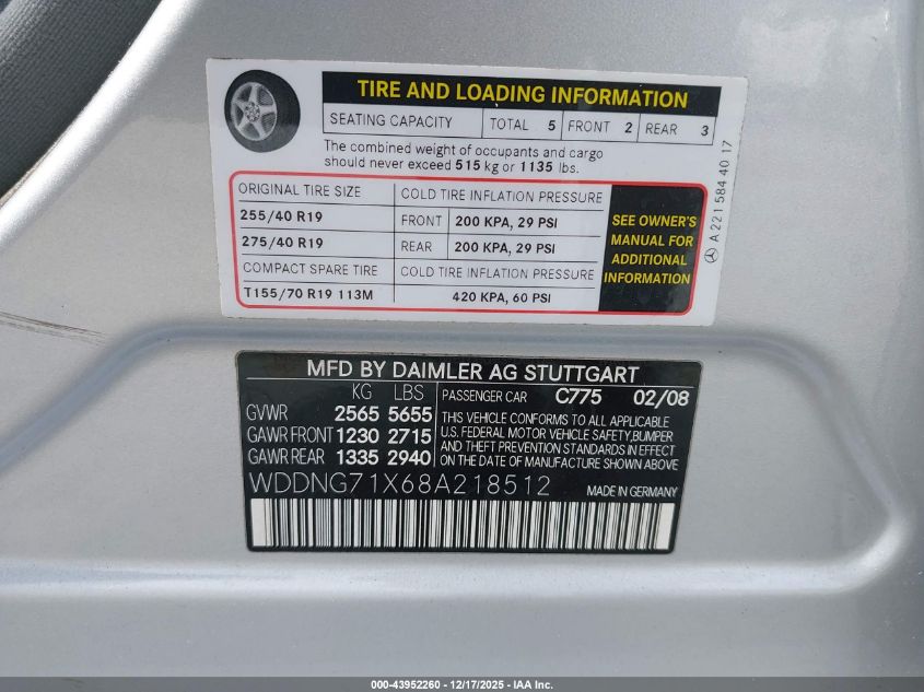 2008 Mercedes-Benz S 550 VIN: WDDNG71X68A218512 Lot: 43952260