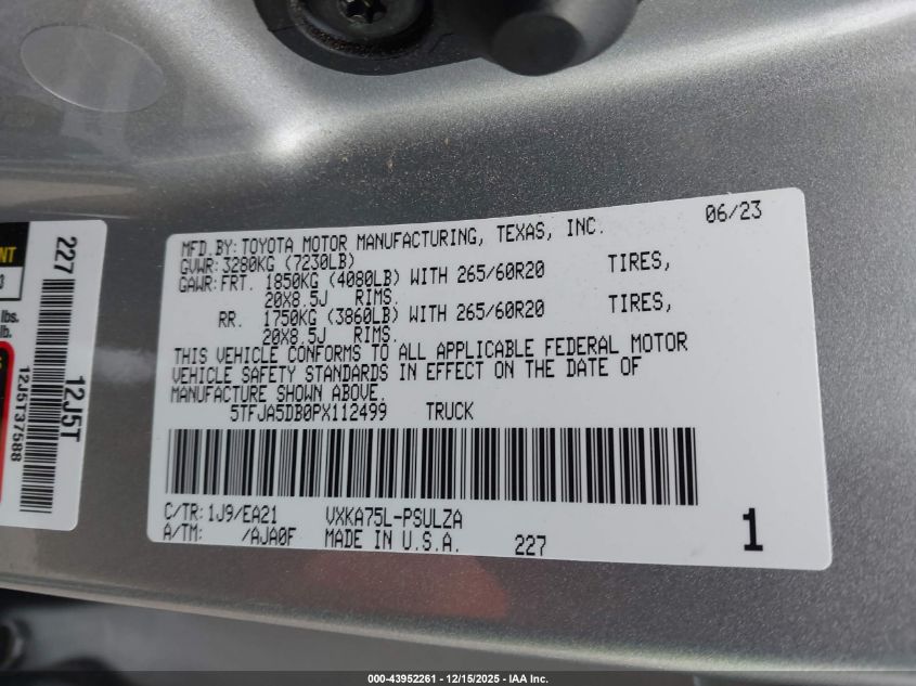 2023 Toyota Tundra Limited VIN: 5TFJA5DB0PX112499 Lot: 43952261