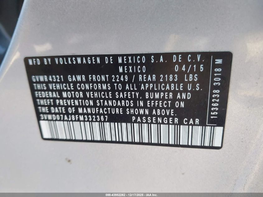 2015 Volkswagen Jetta 1.8T Se VIN: 3VWD07AJ8FM332367 Lot: 43952262
